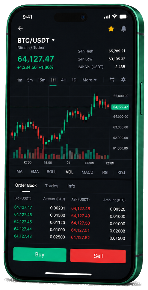 Plataforma móvil Valoré — gráfico en vivo BTC/USDT, libro de órdenes e interfaz para comprar y vender